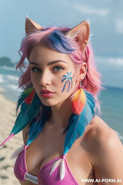 face, sexy, beautiful, ((face painting)), ((bikini as seashell)), ((tattoo roses)), ((eyes shw)), ((angel wings)), ((rainbow hair)), ((long bu hair)), ((wind)), (( cat face)), (( cat ears)), (((feather - #main