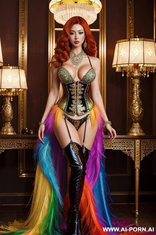 chinese, rainbow feather studed bright diamond transparent corset，feather tutu skirt， mesh robe， rainbow sequin bra ,necklace，rainbow large pointed thigh-high boots - #main
