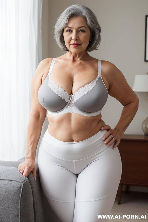 0-year-old grandmother, full body, standing, lady, short gray hair, very visible age marks, triangular hips, thick thighs, wearing white leggings and bra, living room - #main