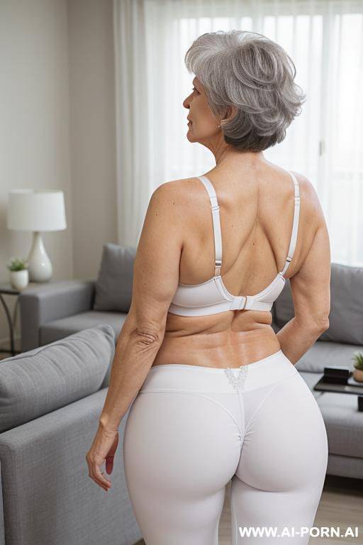 back view, 0-year-old grandmother, full body, standing, lady, short gray hair, very visible age marks, triangular hips, thick thighs, wearing white leggings and bra, living room - #main