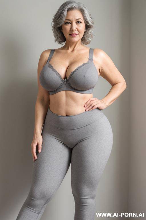 0-year-old grandmother, full body, standing, lady, short gray hair, very visible age marks, triangular hips, thick thighs, wearing gray leggings and bra - #main