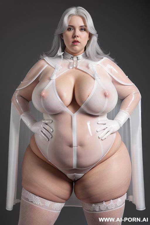 transparent white latex cape; transparent white latex stockings; transparent white latex gloves; collar; gigantic huge boobs; obese; - #main