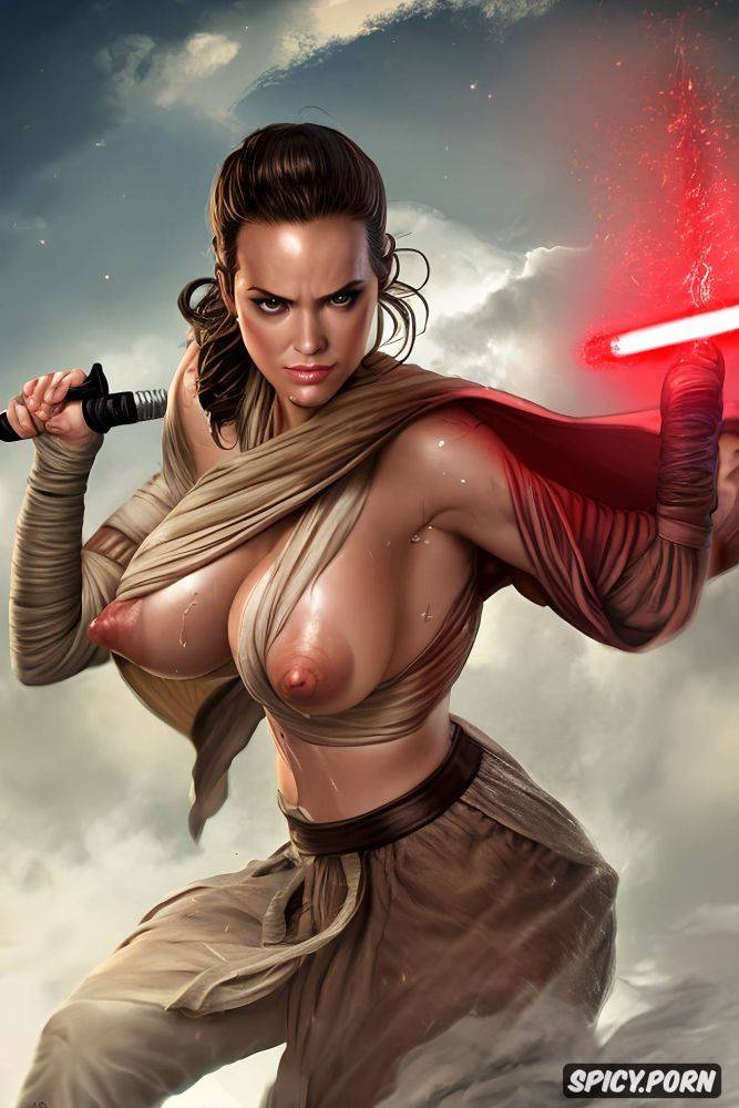 skimpy robes are torn durung a duel with lightsabers, embarrassed shocked blushing angry jedi sith rey skywalker covering her nipples with her hands - #main