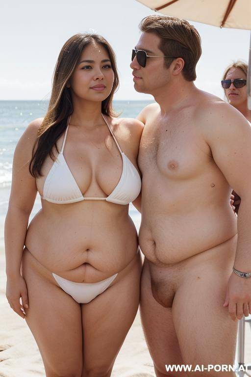 ((white bikini)), (((smirking))), (((hands in hair))), sunglasses, (((fat face))), (((round cheeks))), a ((chubby)) shorty filipina milf is posing with multiple tall handsome fit american man. she has - #main
