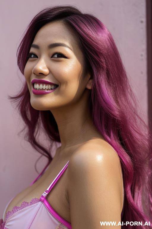 close!, immersive expression, lovingly nerdy asian woman, long loose wavy purple hair, closeup in decent lingerie, she is naturally tanned, pastel hue, abstract background, oiled pleasure, lying, real-life sei-ra sodes-hiro! - #main