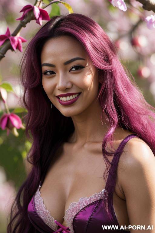 close!, immersive expression, lovingly exotic asian, long loose wavy purple hair, closeup in decent lingerie, she is naturally tanned, pastel hue, abstract background, oiled pleasure, lying, real-life sei-ra sodes-hiro! - #main