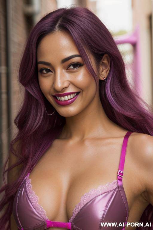 close!, immersive expression, lovingly nerdy woman, long loose wavy purple hair, closeup in decent lingerie, she is naturally tanned, pastel hue, abstract background, oiled pleasure, lying, real-life sei-ra sodes-hiro! - #main