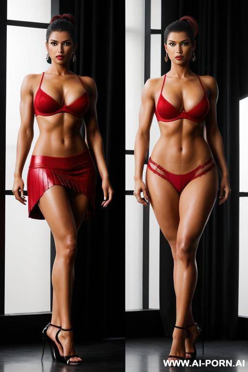 indian, short hair, fit, abs, muscular arms, big ass, tall, long legs, navel piercing, red bra, red pleat skirt, looking at camera, full body, stiletto, open mouth, eyes closed, 2 women - #main
