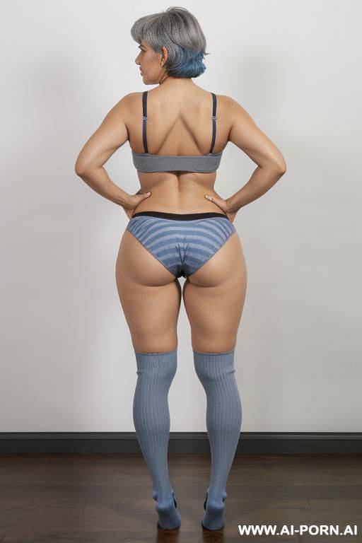 (((back view))), (((0 year old grandmother))), (((short gray hair))), (((very visible age marks))), (((triangular hips))), (((thick thighs)) ), blue shirt with black vertical stripes))), (((blue - #main