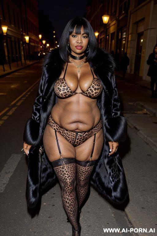 old milf, animal print hooker outfit, necklace, humongous boobs, choker, necklace, fur jacket, stockings, elry, street night, waist shot - #main