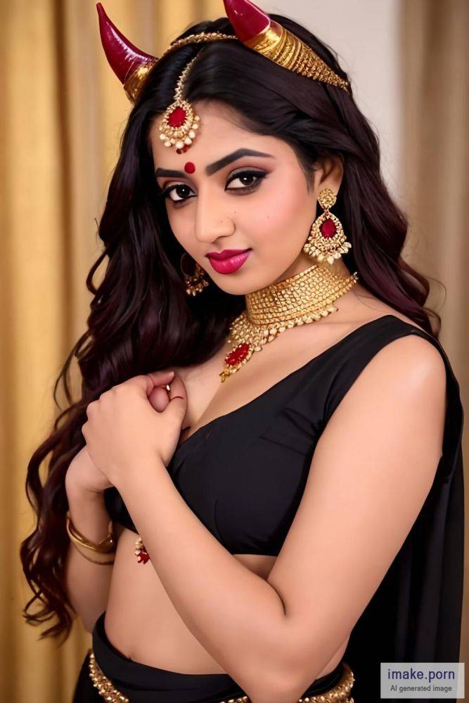 indian girl with devil horns and gold crown and jewels wearing... - #main