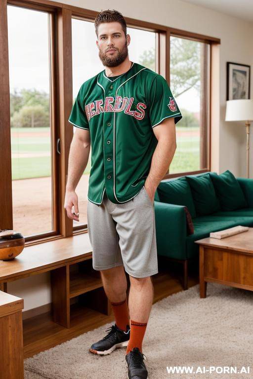 handsome model man, athletic handsome man, thick brown hair, big green eyes, one man, short beard, standing in living room, wearing baseball uniform, ((keep face)), ((keep model)), ((keep body)), - #main