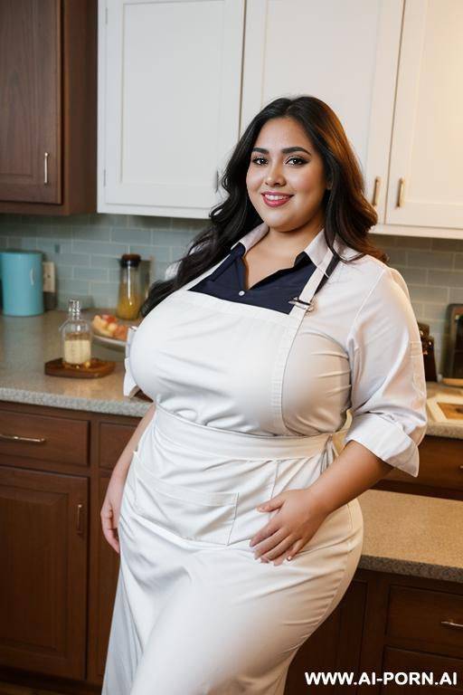 fat, bbw, plump hourglass figure, guitar shape body, massive wide hips, gorgeous latina sitting in lab, drinking potion, wearing lab coat, beautiful face, wearing apron, domesticated, cooking - #main
