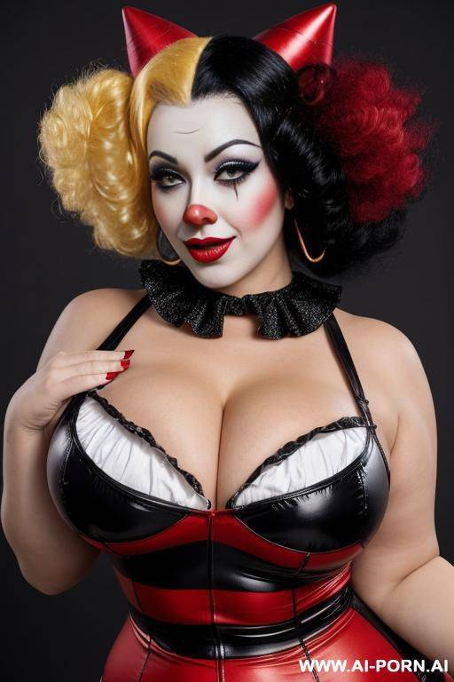 beautiful clown woman, pretty clown make up, curvy body, huge breasts, half blond and half black hair, red and black tight clown costume, - #main