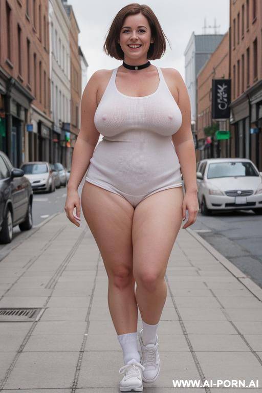 nude curvy irish milf standing naked in white sneakers, socks and choker in downtown, brunette, smiling. full view. sneakers in frame. undressed. unclothed. - #main