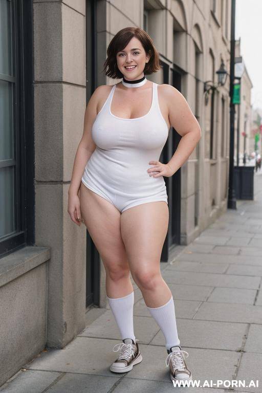 nude curvy irish milf standing naked in white sneakers, socks and choker in downtown, brunette, smiling. full view. sneakers in frame. - #main