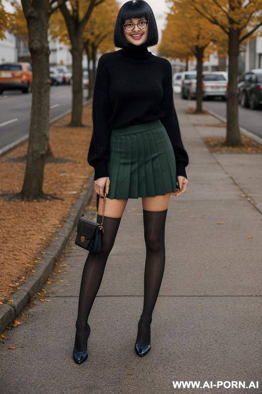 bright orange turtleneck sweater, knee-length pleated green skirt, orange socks, black shoes, black frame glasses - #main