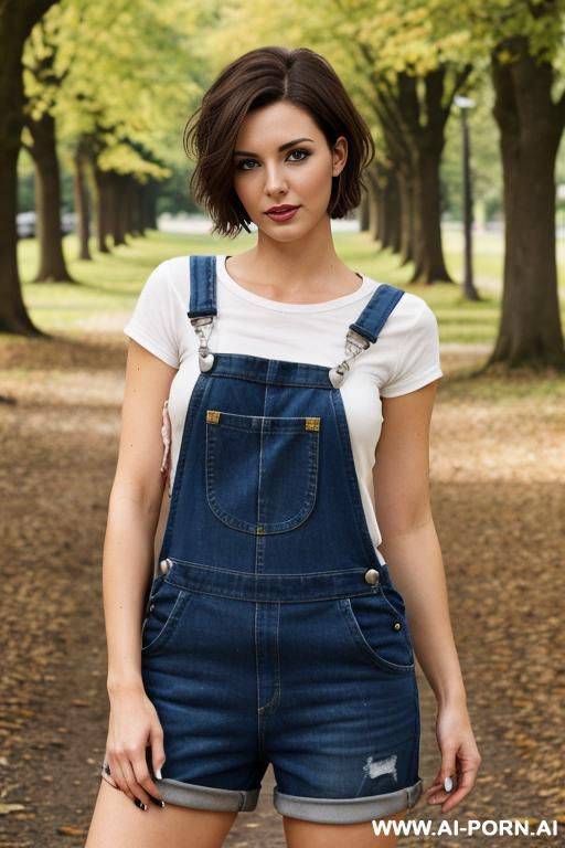 overalls, short brunette hair, park, - #main