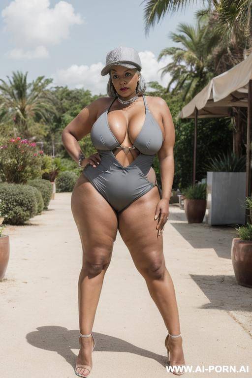 0-year-old grandmother, full body, standing, short gray hair, visible age marks, triangular hips, thick thighs, wearing a gray swimsuit - #main