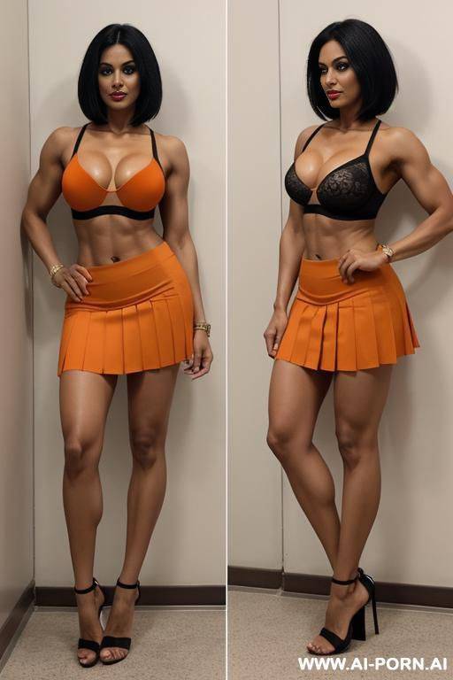 indian, short hair, fit, abs, muscular arms, big ass, tall, long legs, navel piercing, orange bra, orange pleat skirt, looking at camera, full body, stiletto - #main