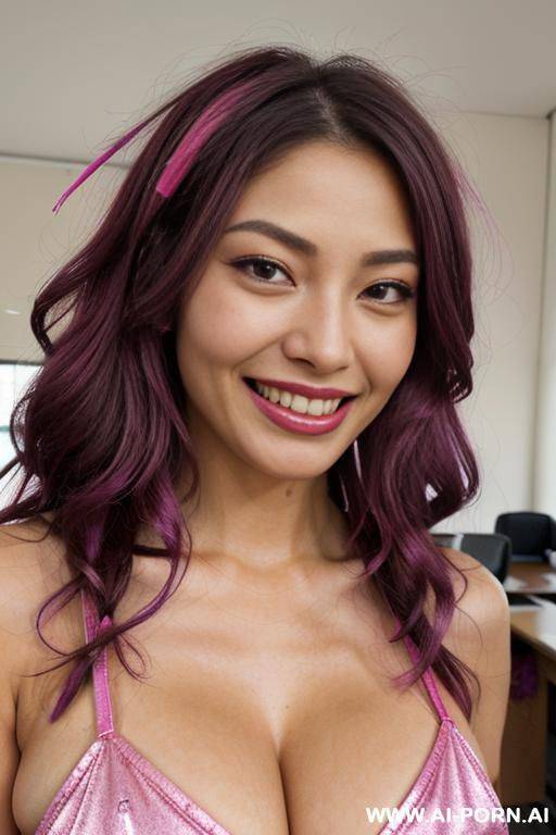 close!, immersive expression, lovingly boastful japanese hooker, loose wavy purple hair, closeup in decent christmas clothes, she is naturally tanned, pleasure, lying, real-life sei-ra sodes-hiro! - #main