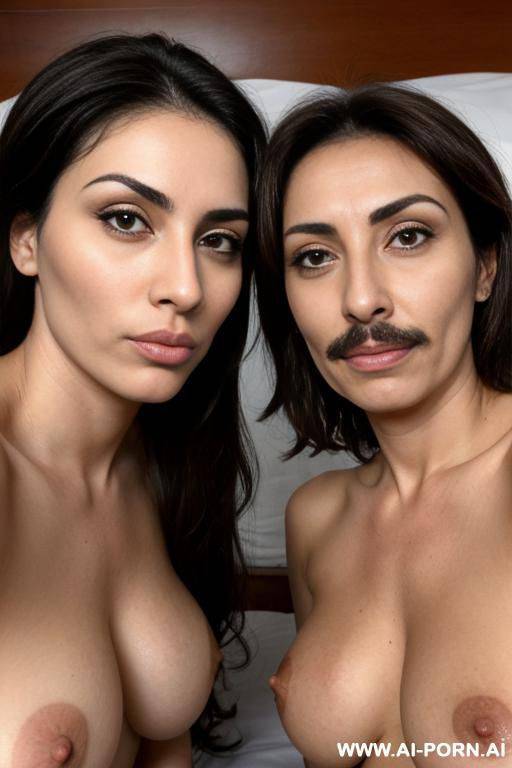 two lesbian milfs with a mustache wearing only a hijab with hairy pussy and hairy arms in bed together - #main