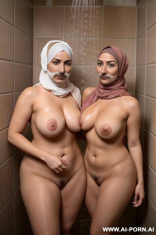 two lesbian milfs with a mustache wearing only a hijab with hairy pussy and hairy arms taking a shower together - #main
