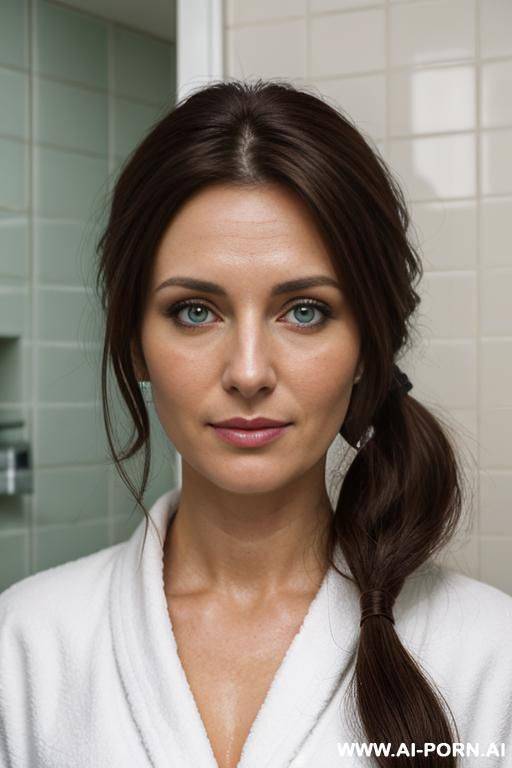 beautiful brunette woman in bathroom in white bathrobe - #main