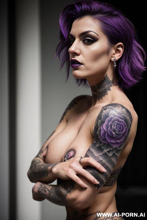 goth, muscular, purple messy hair, tattoos, piercings, large boobs, abs, naked, topless, dominant, 20 years old, flexing, - #main