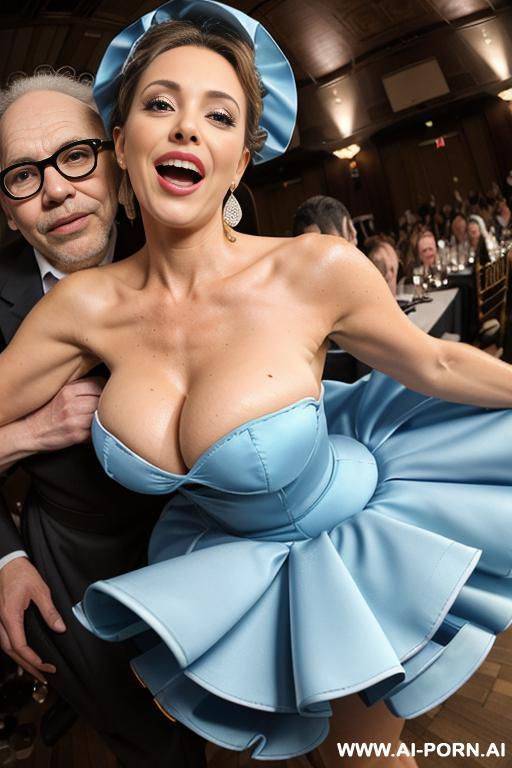 ((((view fish eye lens view)))) ((((medium shot)))) ((((hugging oldman behind )))) at de wedding celebration ((((bend over dancing)))) pretty face italian wife on stage bathes in beer a lot of - #main