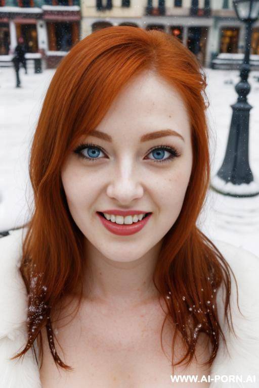 snowy town square, wet pussy, looking down, flushed face, no panties, surrounded by old women, lots of people, ahegao face , ginger hair, blue eyes, face covered with cum - #main