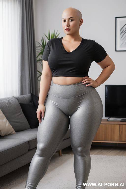 chubby woman, full body, standing, shaved hair, fair skin, square face, nose pearing, triangular hips, thick thighs, wearing gray leggings, wearing a black t-shirt, living room - #main