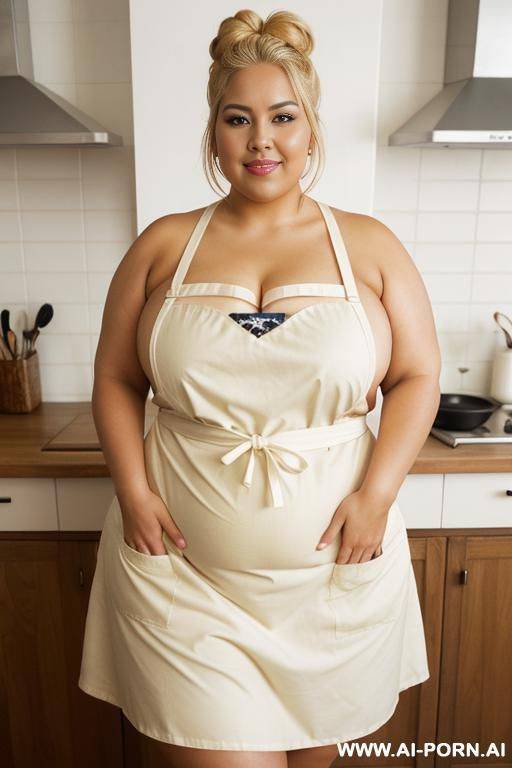 hot mexican woman, pear shaped body, wide square hips, picnic, tan, very plump, big and fat, belly rolls, wearing tight apron, giant belly - #main