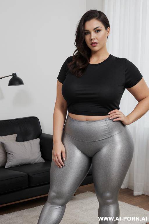 chubby woman, full body, standing, shaved head, fair skin, square face, nose pearing, triangular hips, thick thighs, wearing gray leggings, wearing a black t-shirt, living room - #main