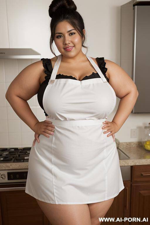 hot mexican woman, pear shaped body, wide square hips, picnic, tan, very plump, big and fat, belly rolls, wearing tight apron - #main