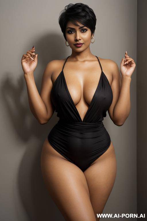 south indian mother, short h, broad shoulders, long legs, curvy wide hips, lean supple and curvaceous body, hands raised , full body shot, sensual poses , nervous look, short pixie hair cut, dark thick eyeliner, dark brown lipstick - #main