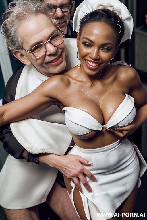 ((((medium shot)))) ((((hugging oldman behind )))) at office celebration ((((bend over dancing)))) pretty face ebony wife on stage bathes in beer a lot of beer suds lot jacket men looks at her - #main