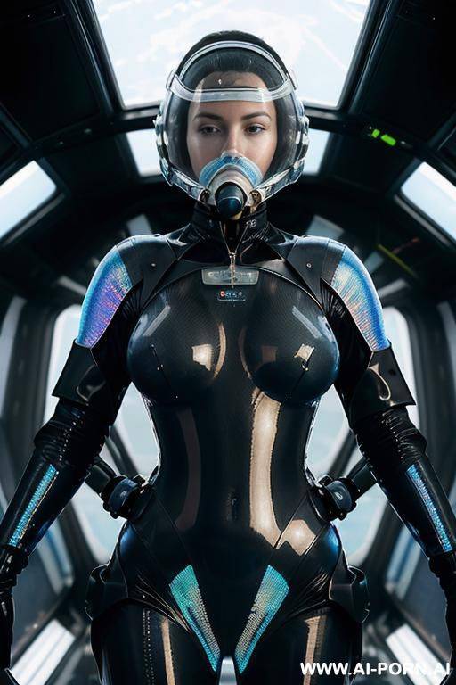(close up) ((gorgeous woman) in (completely open topless) (partially transparent armored (black and blue) flight suit) (wearing oxygen mask)) (spacecraft launch bay) (holographic visor) - #main