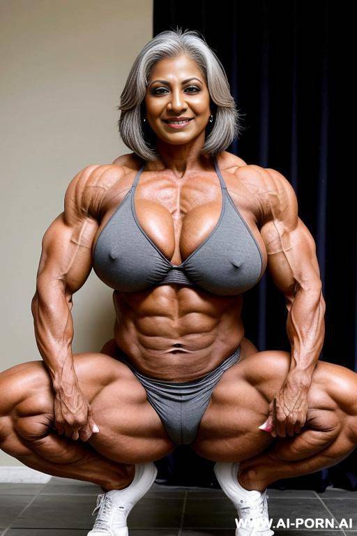 mature indian gilf with grey hair. huge muscles and massive breasts. squatting, showing huge clitoris, no panties - #main