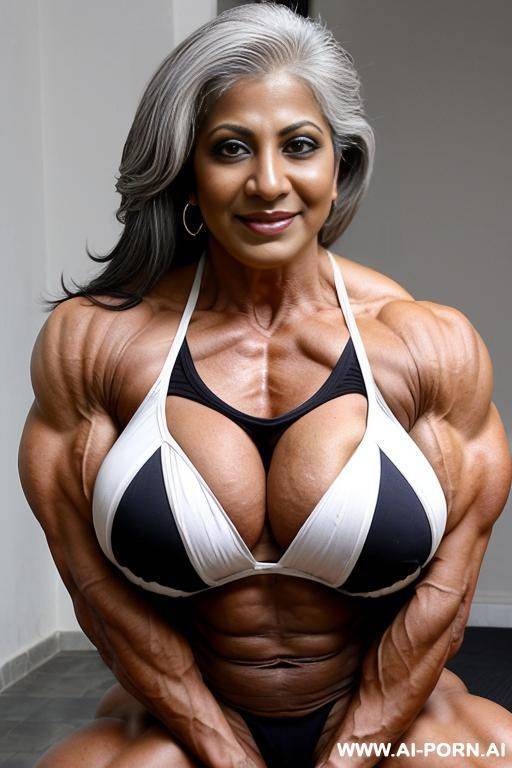 mature indian gilf with grey hair. huge muscles and massive breasts. legs spread apart, showing huge clitoris - #main