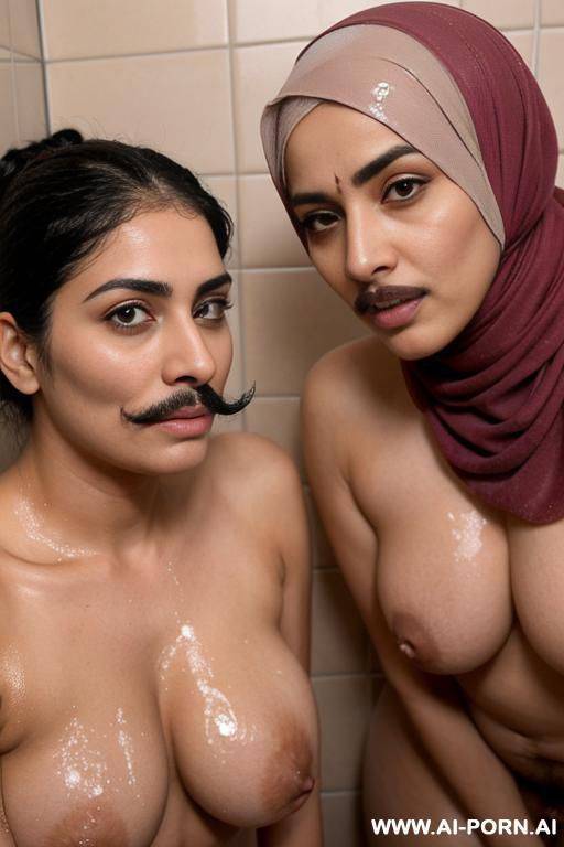 two lesbian milfs with a mustache wearing only a hijab with hairy pussy and hairy arms taking a shower together - #main