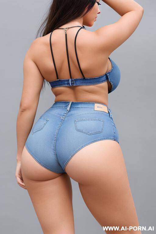 high quality, tight skimpy denim booty shorts, depth of field, beautiful face, firm natural breasts, necklace, soft seductive smile, full body view from behind - #main