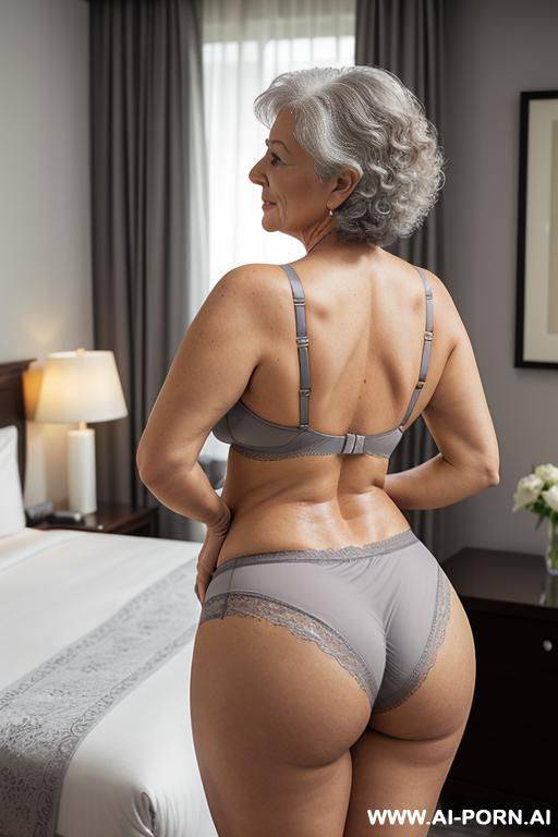 back view, 0 years old grandmother, full body, standing, short hair, lady, clearly visible age marks, triangular hips, thick thighs, hands on waist, wearing gray lace panties and bra, luxury hotel room - #main