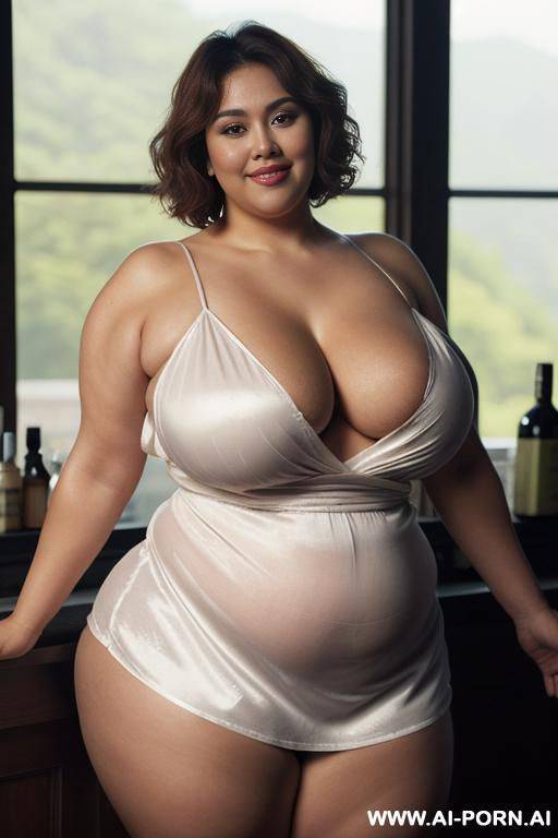 hourglass shaped, bbw, very old gilf, fat and gorgeous, huge thighs, white satin nightgown, flashing saggy tits, (soft seductive smile), (wide hips), (natural lighting), (scenic window) - #main