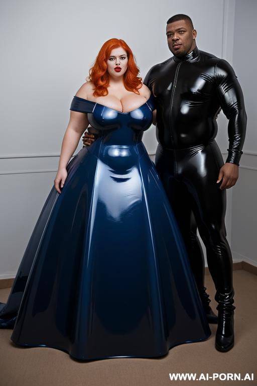 a white obese fat woman with gigantic huge boobs, ginger hair in blue latex ball gown with a black muscle man in smoking - #main