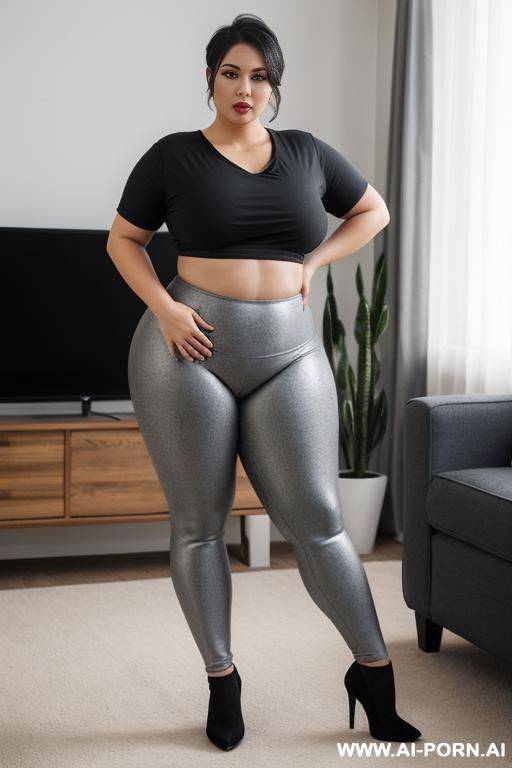 chubby woman, full body, standing, fair skin, square face, nose pearing, triangular hips, thick thighs, wearing gray leggings, wearing black t-shirt, living room - #main