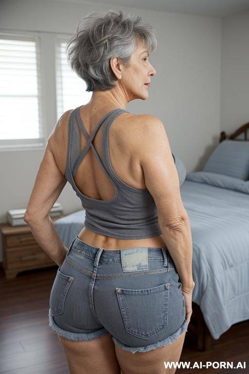 back view, big ass, 0-year-old grandmother, full body, standing, lady, short gray hair, clearly visible age marks, triangular hips, thick thighs, wearing blue denim shorts and a blue tank top, double bedroom - #main