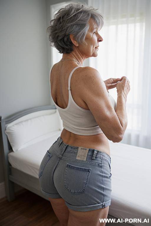 back view, big ass, 0-year-old grandmother, full body, standing, lady, short gray hair, clearly visible age marks, triangular hips, thick thighs, wearing blue denim shorts and white tank top, double bedroom - #main
