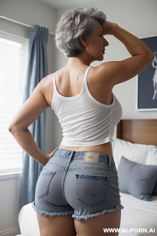 back view, big ass, 0-year-old grandmother, full body, standing, lady, short gray hair, clearly visible age marks, triangular hips, thick thighs, wearing blue denim shorts and white top tank, double bedroom - #main