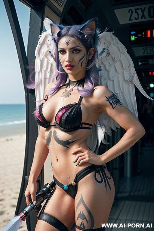 face, sexy, beautiful, ((face painting)), ((bikini as seashell)), ((tattoo roses)), ((eyes shw)), ((angel wings)), ((rainbow hair)), ((long bu hair)), ((wind)), (( cat face)), (( cat ears)), (((feather - #main